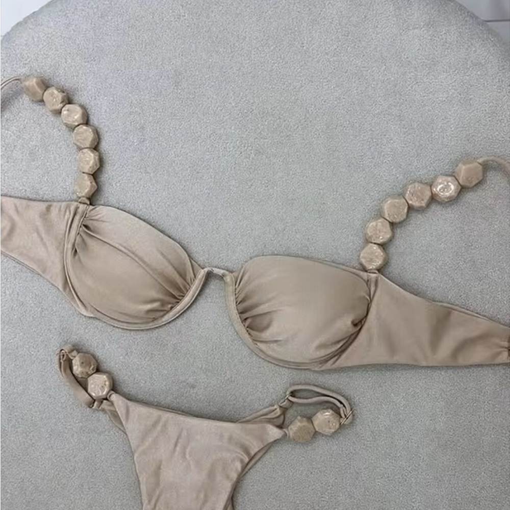 Beige Bikini Set with Embellished Straps